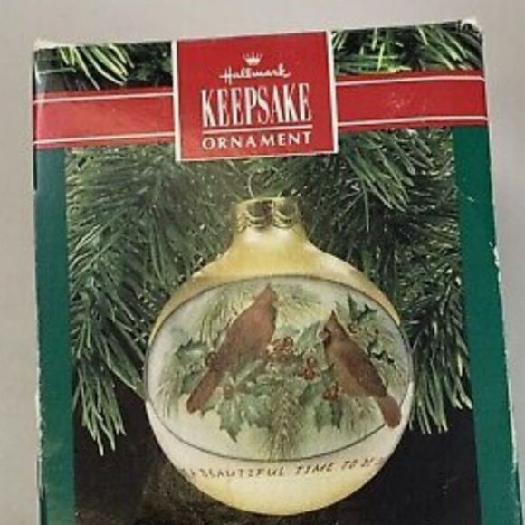 1990 Hallmark Keepsake Glass Ornament Christmas Time for Love Cardinals Memory - Picture 3 of 3